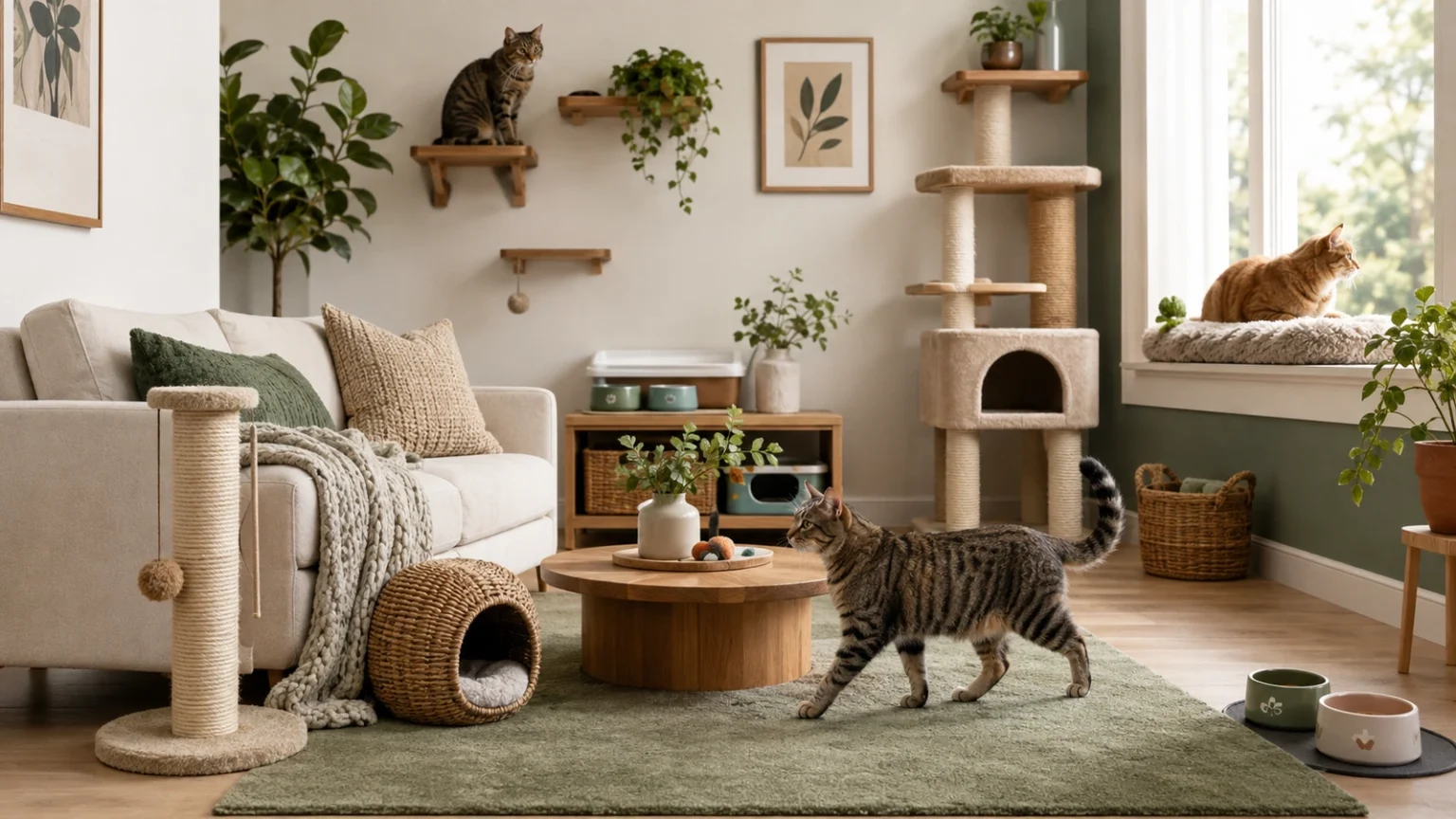 Cat-friendly living room with vertical climbing space, scratching post, hiding area, window perch and litter box