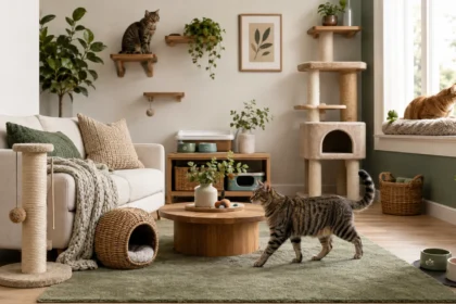 Cat-friendly living room with vertical climbing space, scratching post, hiding area, window perch and litter box
