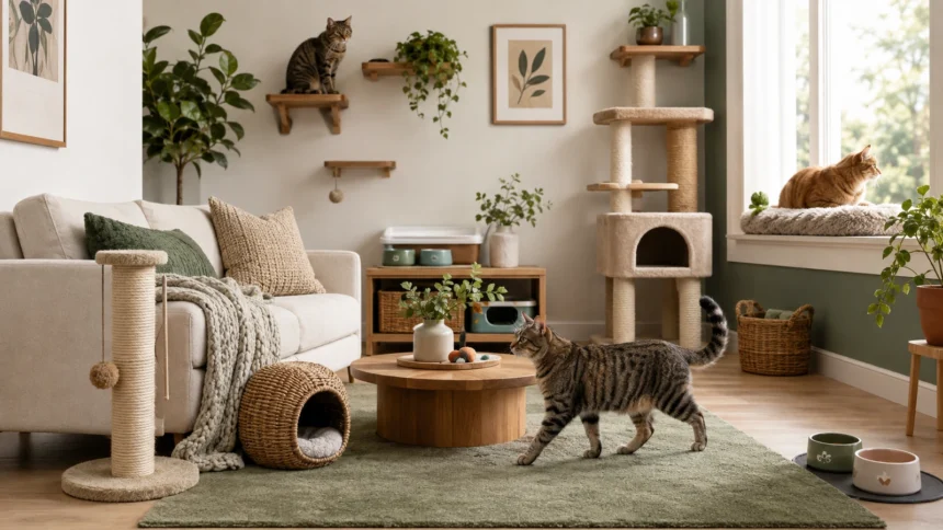 Cat-friendly living room with vertical climbing space, scratching post, hiding area, window perch and litter box