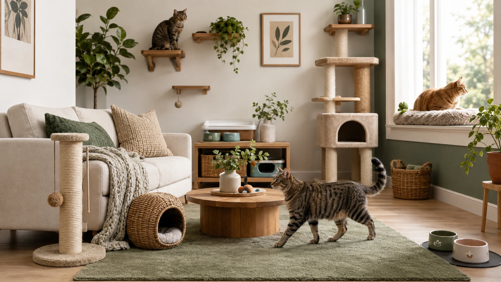 Cat-friendly living room with vertical climbing space, scratching post, hiding area, window perch and litter box