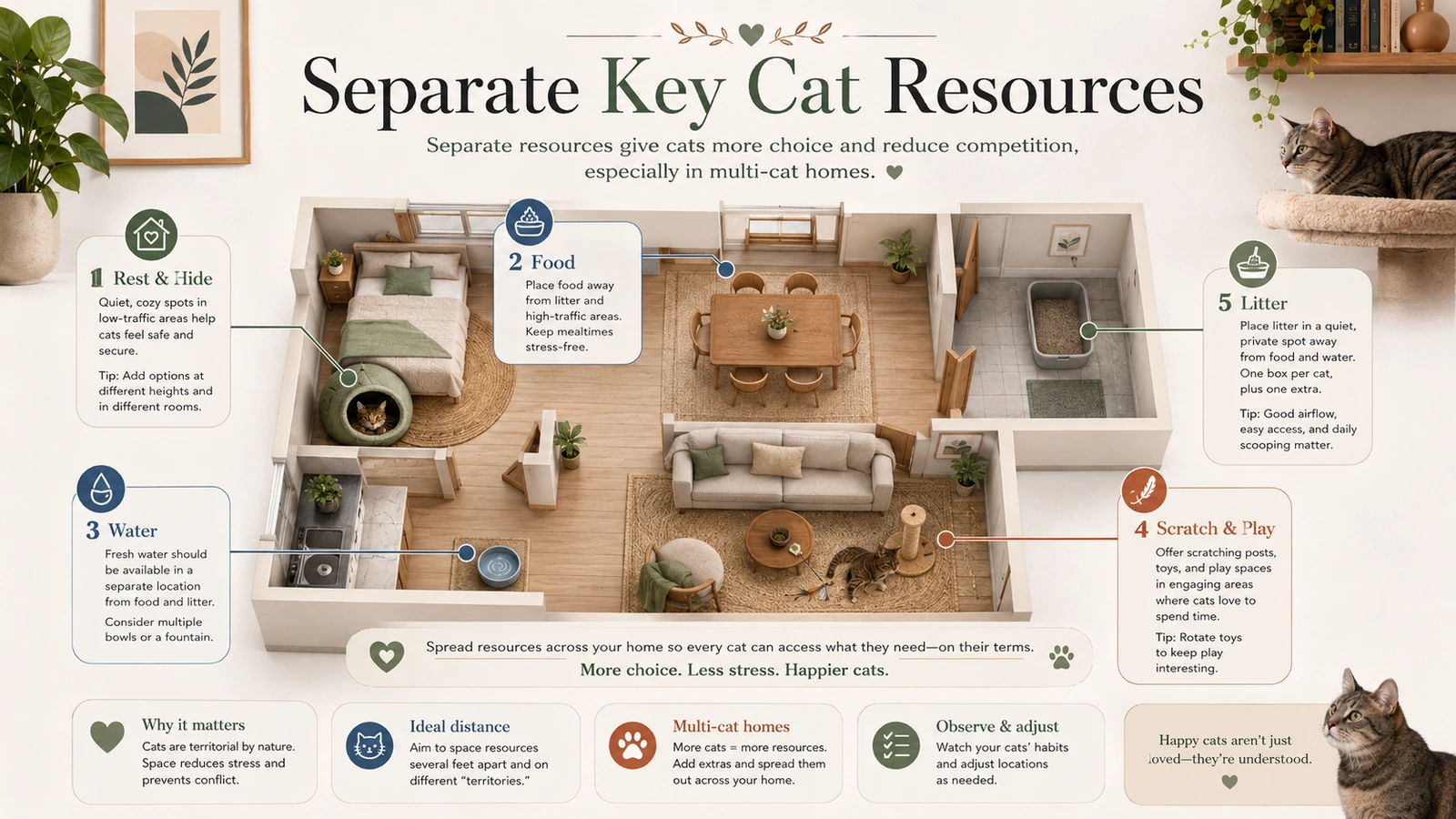 Floor-plan guide showing cat food, water, litter, scratching and resting resources in separate areas