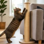 Tabby cat using a tall scratching post positioned beside a sofa.