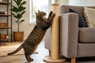 Tabby cat using a tall scratching post positioned beside a sofa.
