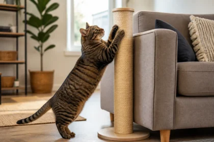 Tabby cat using a tall scratching post positioned beside a sofa.