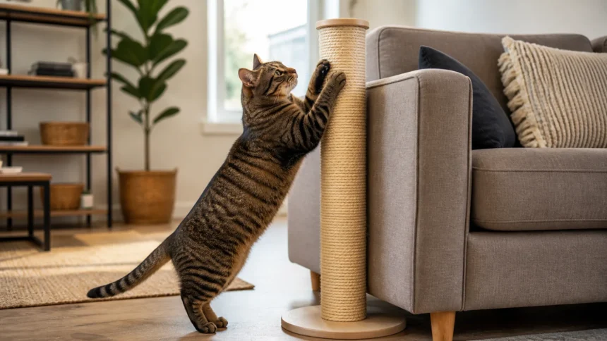 Tabby cat using a tall scratching post positioned beside a sofa.