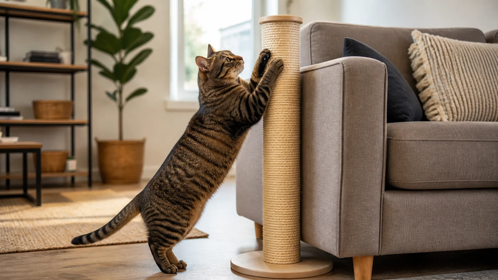 Tabby cat using a tall scratching post positioned beside a sofa.