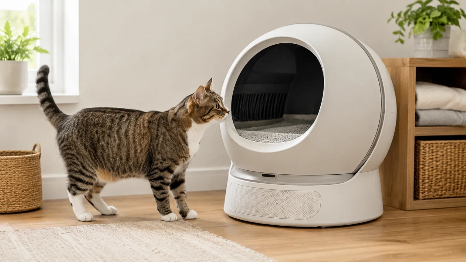 Cat calmly investigating a modern automatic litter box in a bright home