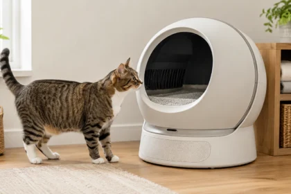 Cat calmly investigating a modern automatic litter box in a bright home