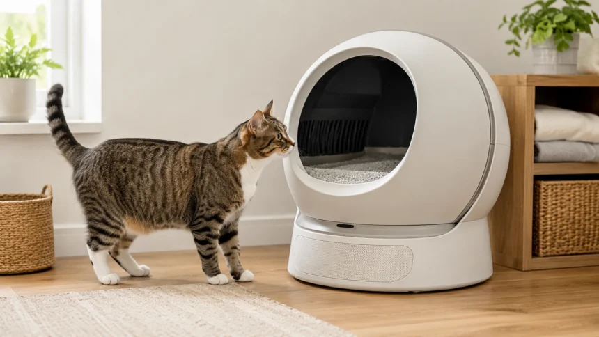 Cat calmly investigating a modern automatic litter box in a bright home