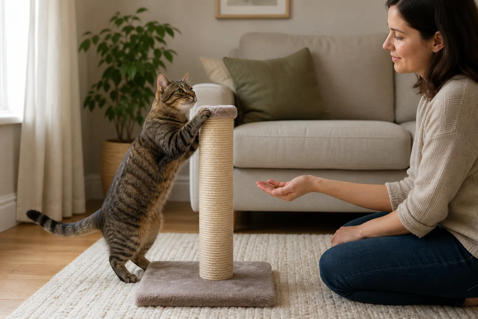 Caregiver offering a food reward while a tabby cat voluntarily uses a scratching post.