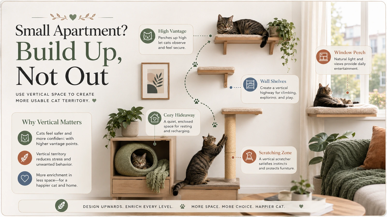 Small apartment layout using a slim cat tree, wall shelves, hiding area, scratcher and window perch
