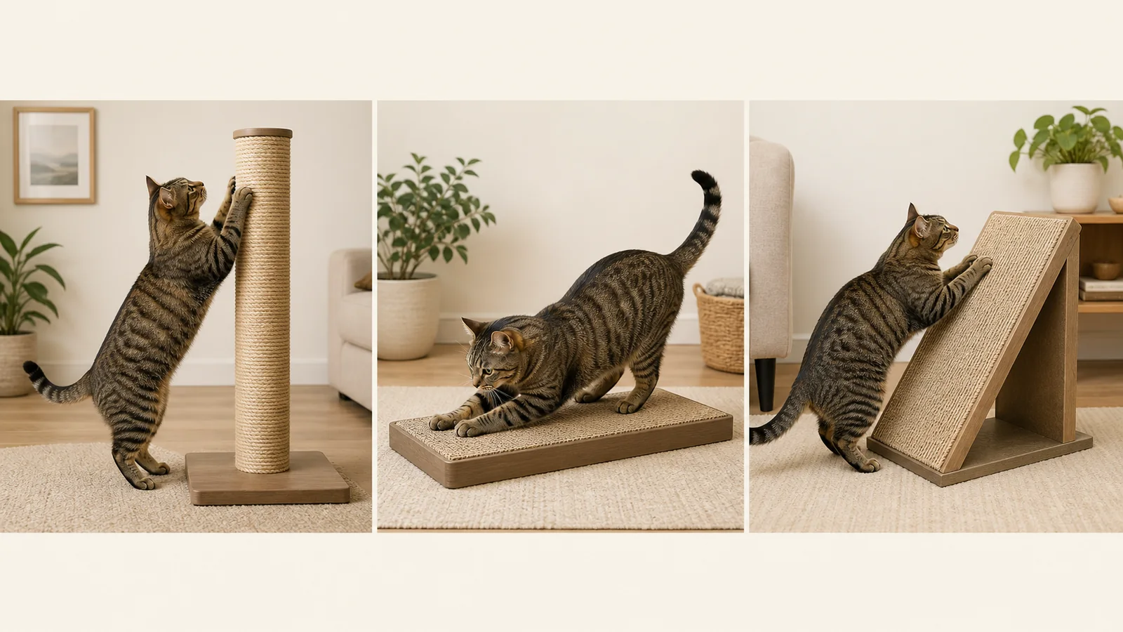 Three panels showing a tabby cat using vertical, horizontal and angled scratching surfaces.